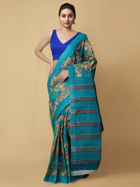 

Unnati Silks Blue & Grey Floral Pure Cotton Saree