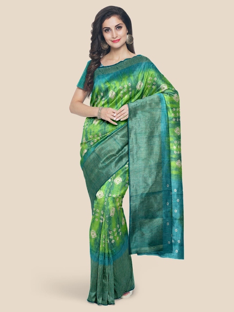 

KLM Fashion Mall Green & White Bandhani Linen Blend Saree