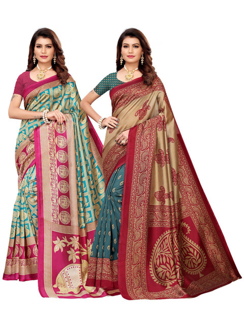 

KALINI Pack Of 2 Green & Beige Ethnic Motifs Art Silk Sarees