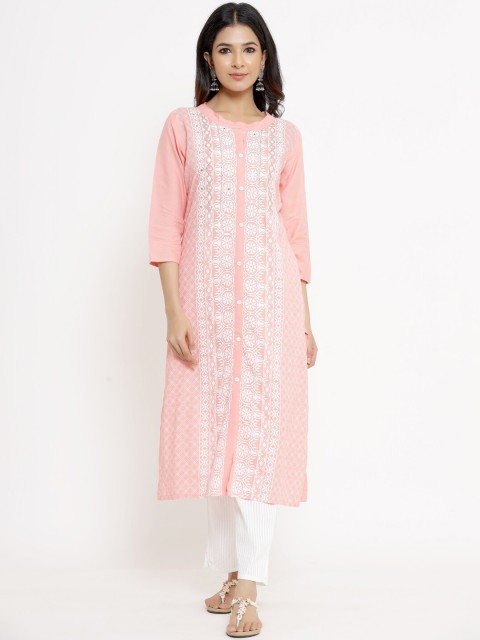 

UNISETS Women Pink Embroidered Panelled Kurta with Trousers