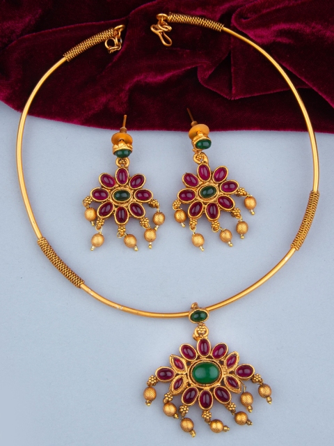 

Alankruthi Women Gold-Plated Pink & Green Stone-Studded Jewellery Set