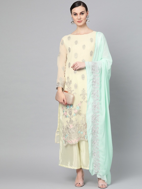 Ishin Women Cream-Coloured Floral Embroidered Kurta with Palazzos & With Dupatta
