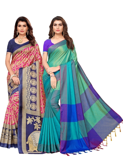 

KALINI Blue & Gold-Toned Floral Art Pack of 2 Silk Saree