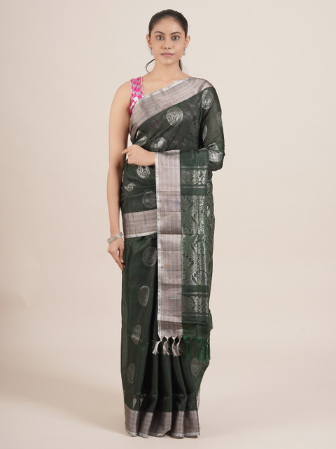 

Pothys Green & Silver-Coloured Ethnic Motifs Pure Silk Uppada Saree