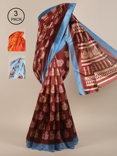 

Pothys Pack of 3 Ethnic Motifs Jute Silk Sarees, Brown