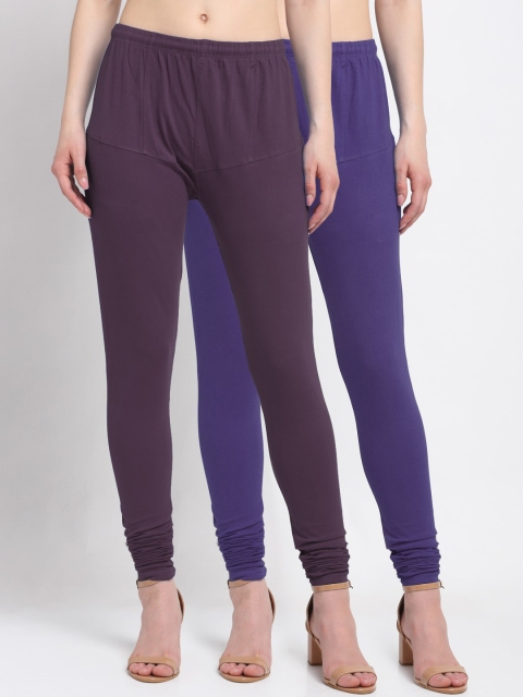 

KLOTTHE Women Pack Of 2 Burgundy & Blue Solid Churidar-Length Cotton Leggings