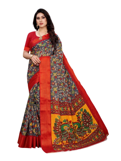 

KALINI Grey & Red Floral Printed Linen Blend Saree