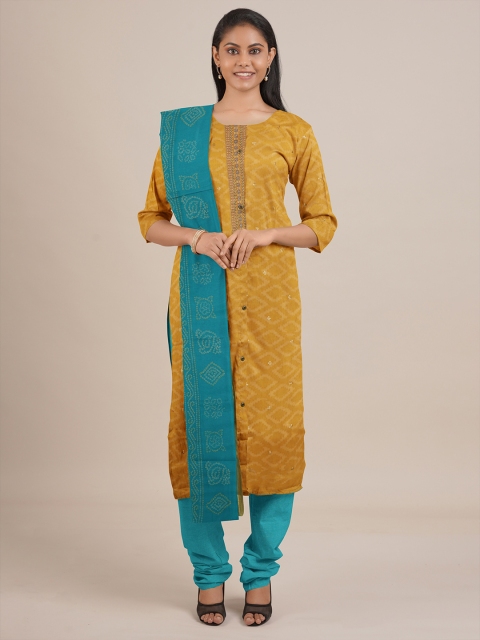 

Pothys Mustard & Turquoise Blue Unstitched Dress Material