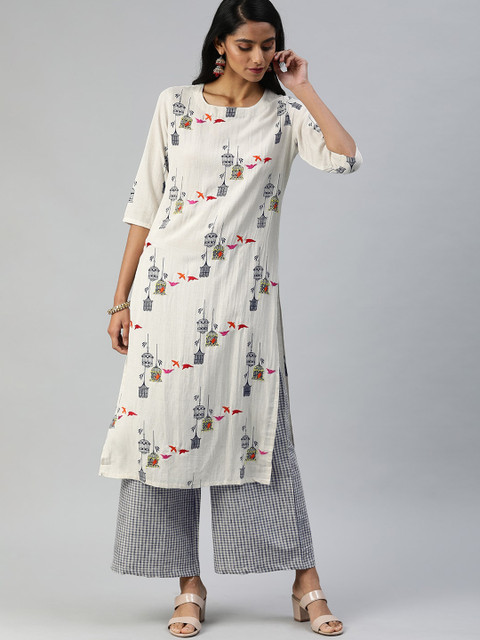 

Ishin Women Off White Embroidered Panelled Kurti with Palazzos