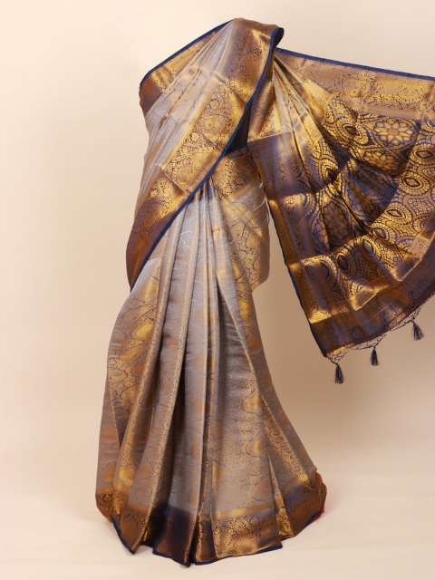 

Pothys Grey & Blue Ethnic Motifs Zari Art Silk Banarasi Saree