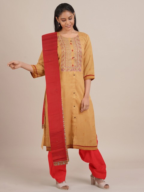 

Pothys Mustard & Red Embroidered Unstitched Dress Material