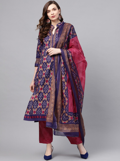 

Ishin Women Purple Ethnic Motifs Printed Layered Pure Cotton Kurta with Trousers & With Dupatta