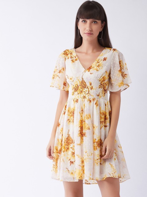 

MAGRE Off White & Yellow Floral Georgette Dress