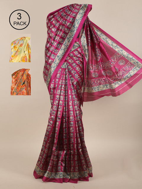 

Pothys Magenta & Yellow Floral Jute Pack of 3 Silk Saree