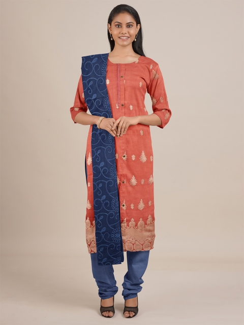 

Pothys Women Rust & Gold-Toned Embroidered Unstitched Dress Material