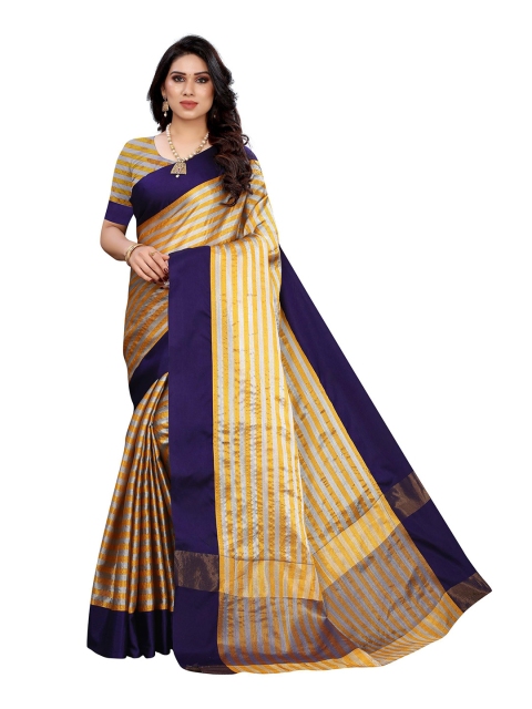 

KALINI Navy Blue & Yellow Striped Zari Silk Blend Saree