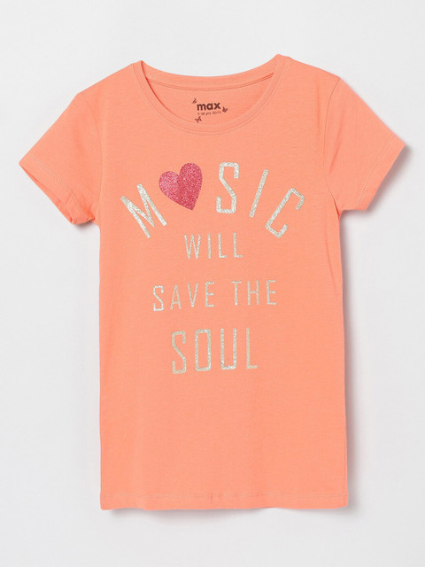 

max Girls Peach-Coloured Typography Printed T-shirt