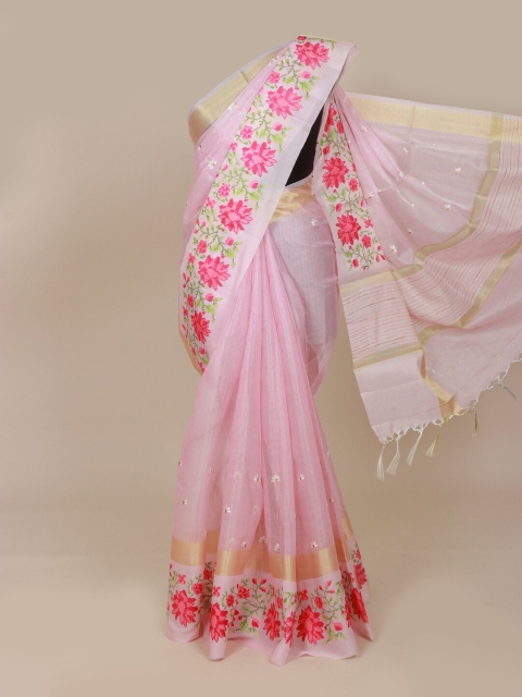 

Pothys Pink & Red Floral Art Silk Banarasi Saree
