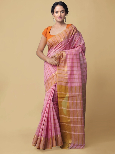 

Unnati Silks Pink & Gold-Toned Checked Pure Cotton Mangalagiri Saree
