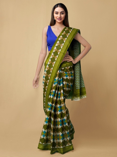 

Unnati Silks Women White & Green Pure Krisha Summer Cotton Sustainable Saree