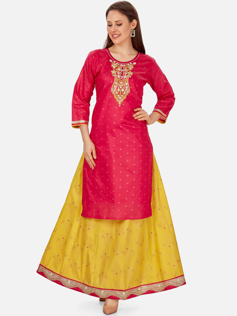 

Kiana Women Pink Embroidered Chanderi Silk Kurta with Printed Paisley Skirt