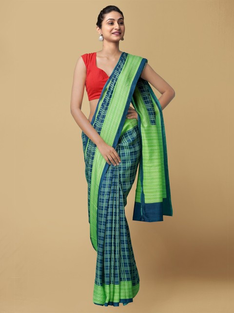 

Unnati Silks Women Blue & Green Printed Bengal Soft Silk Saree