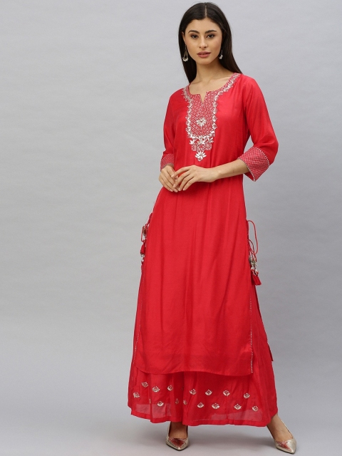 

Ishin Women Red Ethnic Motifs Yoke Design Silk Crepe Kurta with Skirt