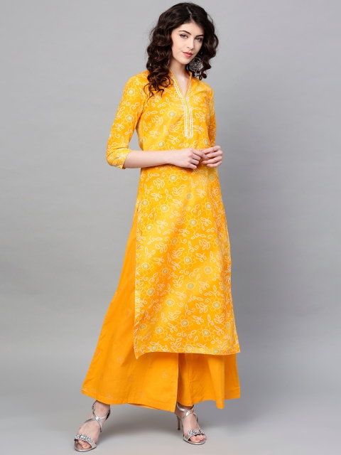 

Ishin Women Yellow Floral Printed Pure Cotton Kurta with Palazzos