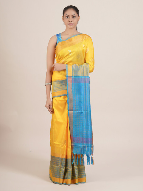 

Pothys Yellow & Blue Woven Design Pure Silk Uppada Saree