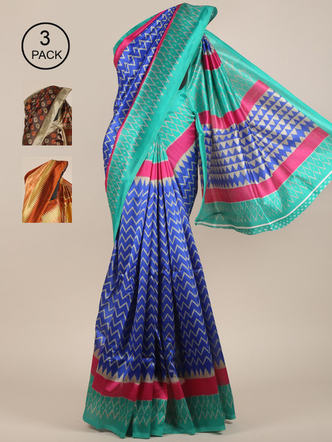 

Pothys Pack of 3 Ethnic Motifs Jute Silk Sarees, Blue