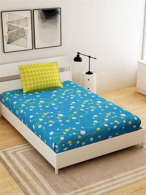 

Salona Bichona Blue & Yellow Floral 144 TC Single Bedsheet with 1 Pillow Covers