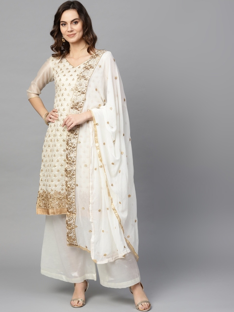 

Ishin Women White Floral Embroidered Empire Chanderi Cotton Kurti with Palazzos & With Dupatta