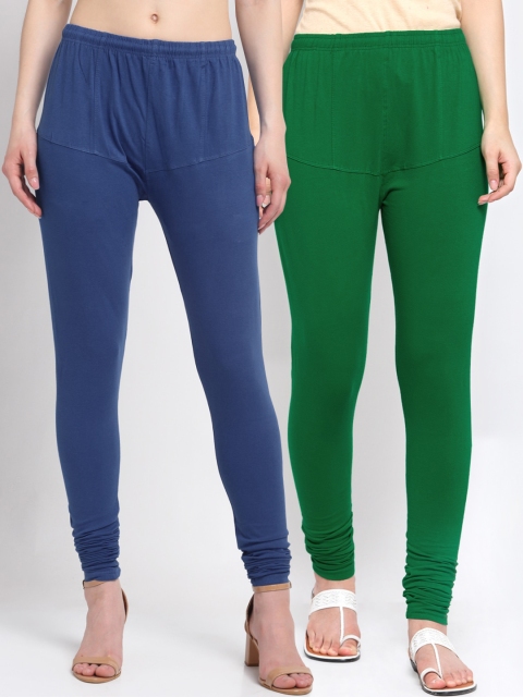 

KLOTTHE Women Pack Of 2 Solid Churidar-Length Cotton Leggings, Blue