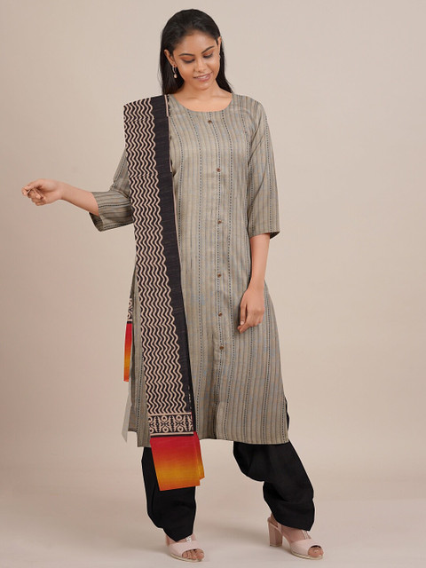 

Pothys Grey & Black Printed Unstitched Dress Material