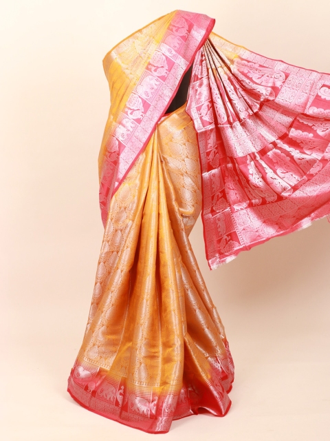 

Pothys Mustard & Pink Ethnic Motifs Zari Art Silk Banarasi Saree