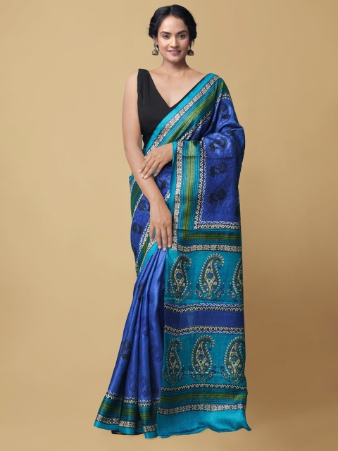 

Unnati Silks Blue & Green Ethnic Motifs Pure Silk Tussar Saree