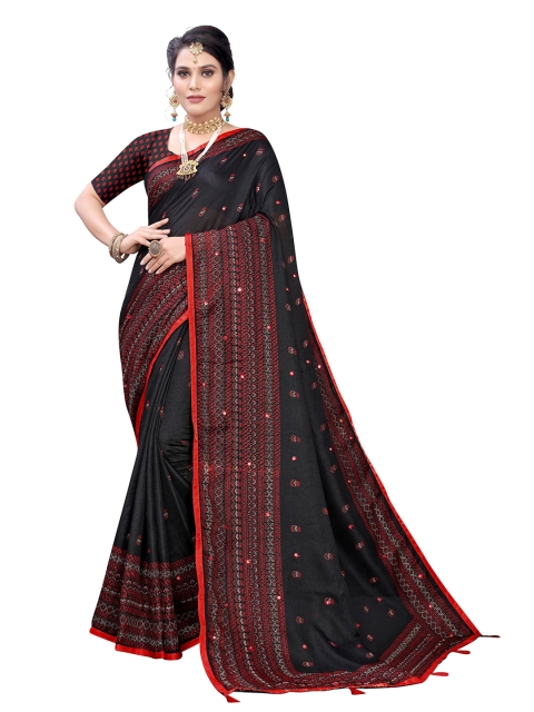 

KALINI Black & Red Ethnic Motifs Mirror Work Jute Silk Saree