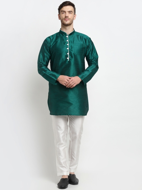

Benstoke Men Green Coloured Woven Design Dupion Silk Kurta with Pyjamas