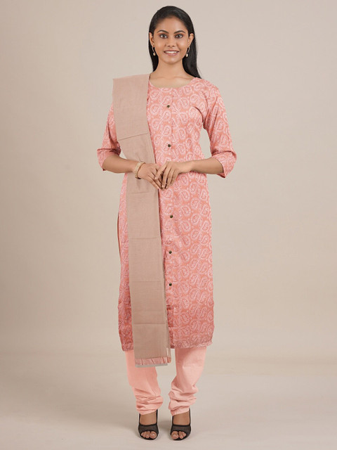

Pothys Peach-Coloured & White Printed Unstitched Dress Material