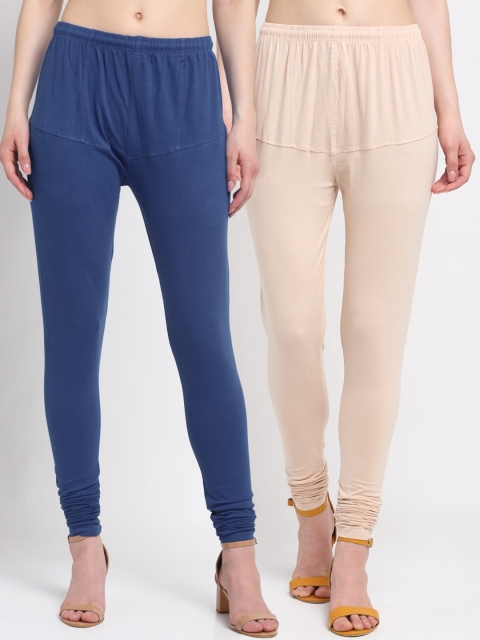 

KLOTTHE Women Pack Of 2 Solid Cotton Churidar-Length Leggings, Blue