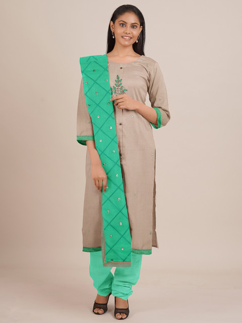 

Pothys Cream-Coloured & Green Embroidered Unstitched Dress Material