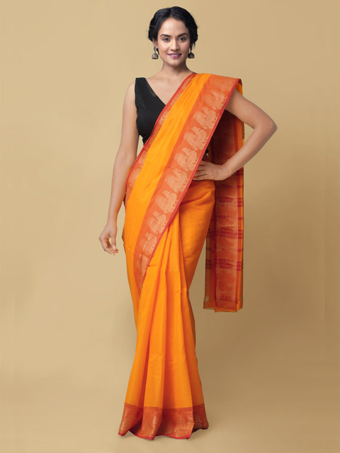 

Unnati Silks Women Orange & Gold-Toned Pure Handloom Chettinad Cotton Sustainable Saree