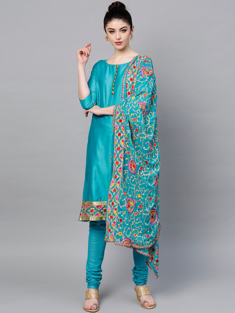 

Ishin Women Blue Floral Panelled Kurti with Churidar & With Dupatta