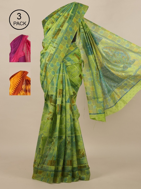 

Pothys Green & Yellow Pack of 3 Floral Jute Silk Saree