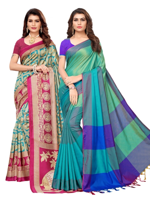 

KALINI Pack Of 2 Sea Green & Blue Ethnic Motifs Art Silk Saree