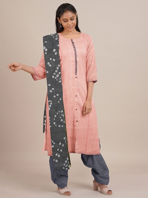 

Pothys Peach-Coloured & Grey Embroidered Unstitched Dress Material
