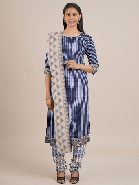 

Pothys Blue & Cream-Coloured Printed Unstitched Dress Material