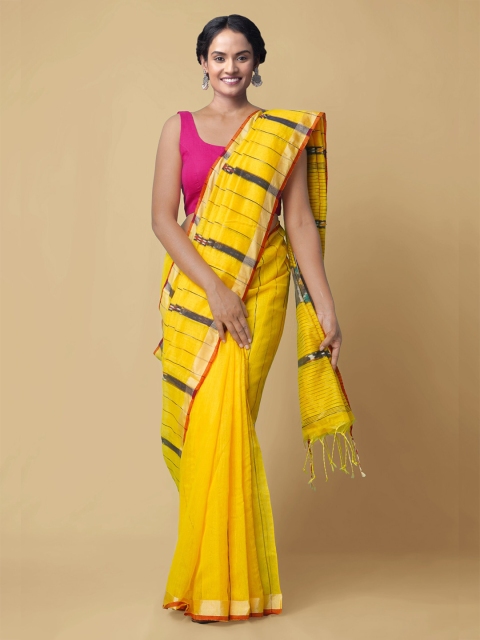 

Unnati Silks Yellow & Green Striped Handloom Pure Cotton Saree