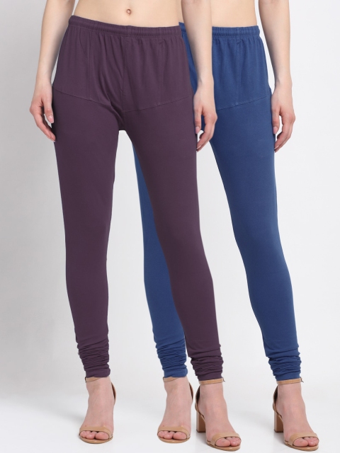 

KLOTTHE Women Pack Of 2 Solid Churidar-Length Cotton Leggings, Blue