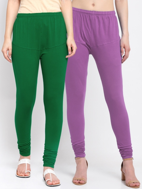 

KLOTTHE Women Pack Of 2 Purple & Green Solid Churidar-Length Cotton Leggings